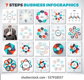 Big collection of vector arrows, heptagons, circles and other elements for infographic. Business concept with 7 options, parts, steps or processes. Blur background. Linear icons.