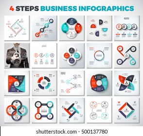 Big collection of vector arrows, squares, circles and other elements for infographic. Business concept with 4 options, parts, steps or processes. Blur background. Linear icons.