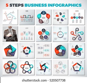 Big collection of vector arrows, tpentagons, circles and other elements for infographic. Business concept with 5 options, parts, steps or processes. Blur background. Stroke icons.