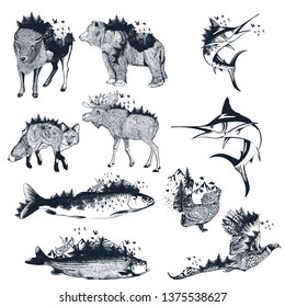 Big collection of vector artistic hand drawn animals decorated by forest in vintage style