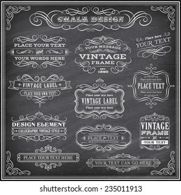 Big collection of vector Banners and Labels, with decorations, swirls and more vintage design elements on a detailed vector chalkboard background