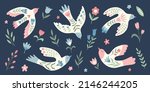 Big collection of vector birds, flowers, leaves, berries  in folklore style. Doves of peace. Doodle illustrations with stylized decorative floral elements. Good for posters, t shirts, postcards.