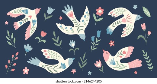 Big collection of vector birds, flowers, leaves, berries  in folklore style. Doves of peace. Doodle illustrations with stylized decorative floral elements. Good for posters, t shirts, postcards.