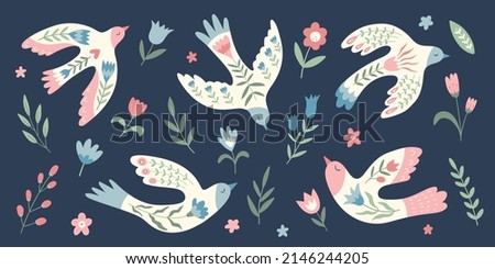 Big collection of vector birds, flowers, leaves, berries  in folklore style. Doves of peace. Doodle illustrations with stylized decorative floral elements. Good for posters, t shirts, postcards.