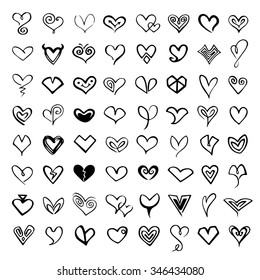 Big collection of vector black icons of hearts on white background