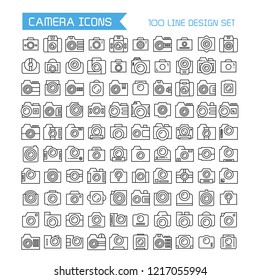 big collection vector camera icons set, line design