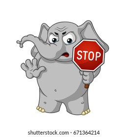Big collection vector cartoon characters of elephants on an isolated background. Stop sign holds in hands Warning Displeased