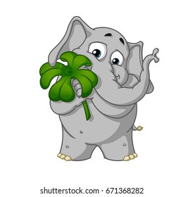 Big collection vector cartoon characters of elephants on an isolated background. Holds clover for good luck