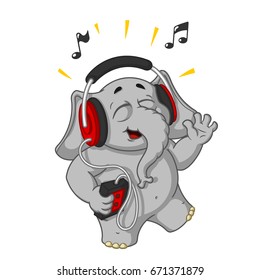 Big collection vector cartoon characters of elephants on an isolated background. Listening to music on headphones.