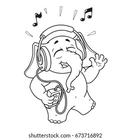 Big collection vector cartoon characters of elephants on an isolated background. Listening to music on headphones