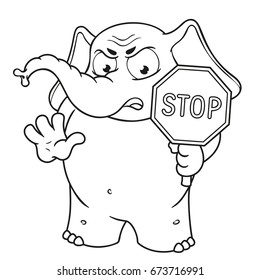 Big collection vector cartoon characters of elephants on an isolated background. Stop sign holds in hands Warning Displeased