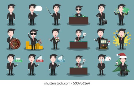 Big collection of vector cartoon croupier character in various poses and emotions. Concept of poker game and casino.