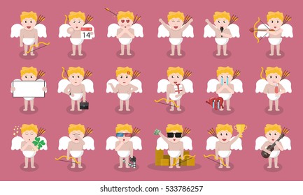 Big collection of vector cartoon Cupid character in various poses and emotions. Concept of Happy Valentine's Day.