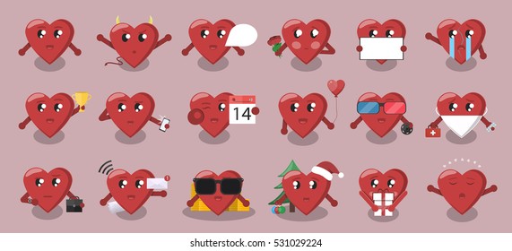 Big collection of vector cartoon heart character in different social situations and poses. Concept of Valentine's Day.