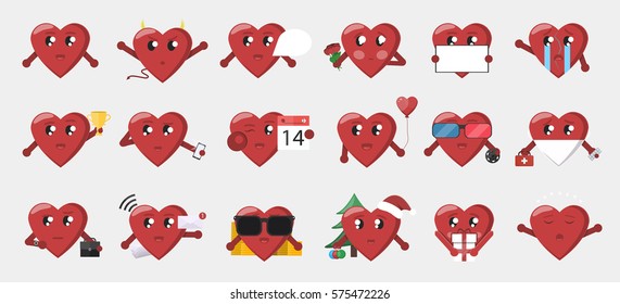 Big collection of vector cartoon heart character in different social situations and poses on the white background. Concept of Happy Valentine's Day.