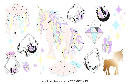 Big collection of vector cartoon illustration with magic unicorn, stars, crystals, clouds and frames. Creative children's clipart for postcards, invitations, announcements, children's blog