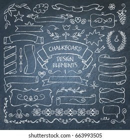 Big collection of vector chalkboard decorative elements. Hand drawn ribbons, scrolls, banners, borders and vignettes.