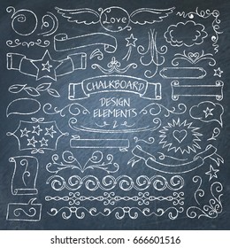 Big collection of vector chalkboard decorative elements. Hand drawn ribbons, scrolls, dividers, flourishes and vignettes.