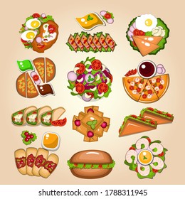 Gran colección de platillos vectoriales limpios, desayuno, almuerzo, cena