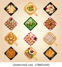 Gran colección de platillos vectoriales limpios, desayuno, almuerzo, cena