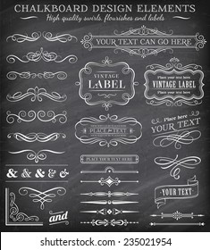 Big collection of vector decorations, swirls, banners and more vintage design elements on a detailed vector chalkboard background