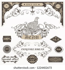 Big collection of vector decorative elements flourishes, swirls, frames, bird in vintage style