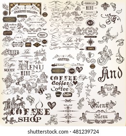 Big collection of vector decorative elements flourishes, swirls, frames, borders, ornaments and other in vintage style. Mega set