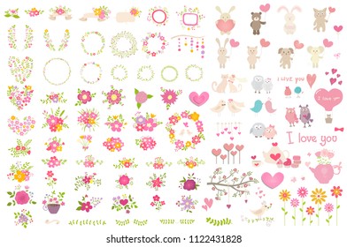 Big collection of vector elements. Floral compositions, wreath, cute animals, hearts. Ideal for decoration of invitations, texts, celebration cards, scrapbooking, celebration stuff  like wishes cards.
