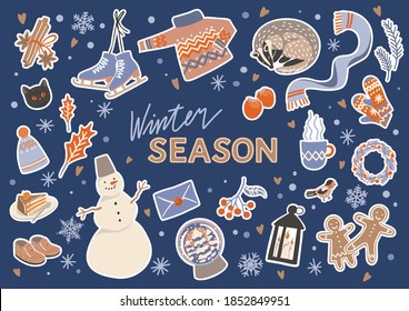 Big collection of vector elements in scandinavian style. Winter season objects. Snowman, gingerbread, cocoa, sweater, cinnamon, bird.