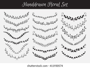 Big collection of Vector Floral borders isolated on white background. Sketch frames, hand-drawn with ink. Spring floral collection