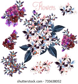 Big collection of vector flowers in vintage style for design
