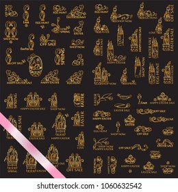 Big collection of Vector golden logotypes, labels, signs, tags for inscription, lettering, caption for eastern greetings, Easter day. Suitable for shops, sales and more. Cute bunny, flowers, eggs