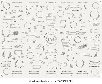 Big collection of vector hand drawn decoration elements including ribbons, dividers, laurel wreaths, frames and floral elements. Doodle style. Eps10.