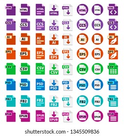 Big Collection of vector icons. File format extensions icons. 8 different design options. HTML, CCS, AI, EPS, CSV, PSD, FB2, EPUB.