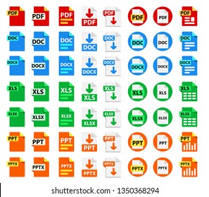 Big Collection of vector icons. File format extensions icons. 8 different design options. PDF, DOC, DOCx, XLS, XLSx, PPT, PPTx. 