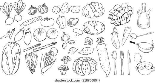 Big collection of vector icons of vegetables in cartoon style. Bundle of healthy and tasty vegan products, wholesome vegetarian food. Isolated on white background.