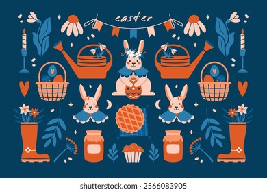 Big collection of vector illustrations to Easter Day. Spring clip arts with water can, pie, bakery, boot, flowers, basket full of easter eggs, candle, rabbit, bunny. Flat modern design. Cute elements.