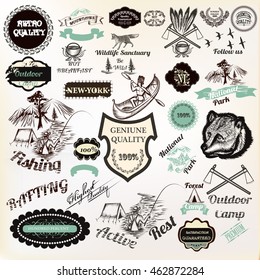 Big collection of vector labels badges stickers for logotype and poster design premium quality, active rest, camping, national park and other. Vintage style