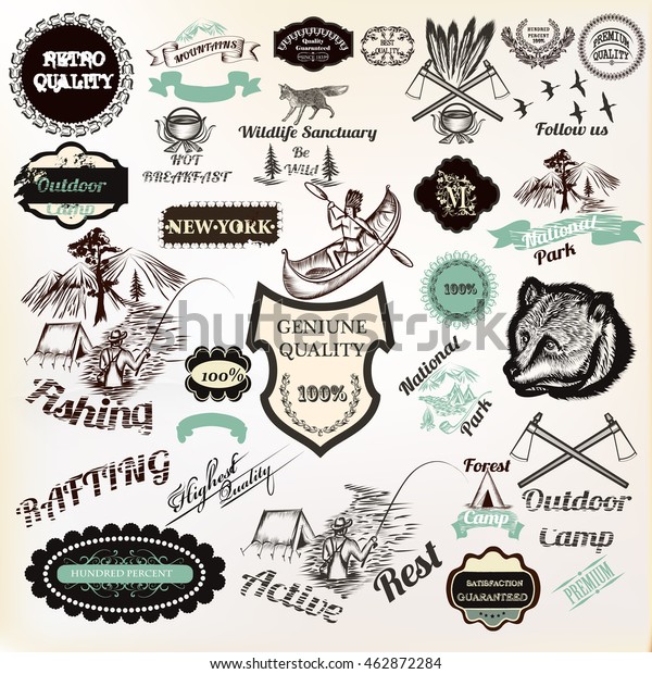 Big collection of vector labels\
badges stickers for logotype and poster design premium quality,\
active rest, camping, national park and other. Vintage\
style