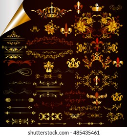 Big collection of vector luxury calligraphic elements and flourishes in golden color, vintage style
