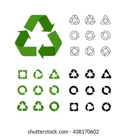 Big collection of vector recycle reuse icons various style linear, flat, simple. Recycle symbols collections isolated on white. Environment icons, recycle signs