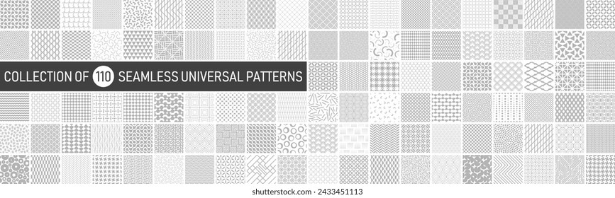 Big collection of vector seamless geometric minimalistic patterns in different styles. Monochrome repeatable unusual backgrounds. Endless gray and white prints, modern textile textures