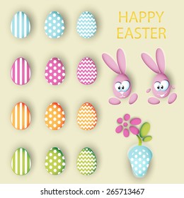 Big collection vector set of easter eggs, rabbits eggs and pot with a flower