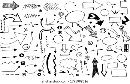 big collection vector set of hand-drawn doodle arrows, scheme, diagram, infographics, elements for presentation black on white background