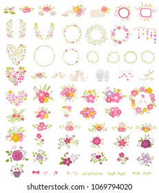 Big collection of vector wedding elements. Floral compositions, wreath. Ideal for decoration of invitations, texts, cards