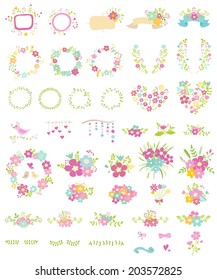 Big collection of vector wedding elements. Floral compositions, wreath. Ideal for decoration of invitations, texts, cards, etc.