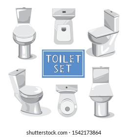 A big collection of vector white isolated toilets. It's isolated on a white background for design or for dealer. Single objects of a large set are located on top, frontally.