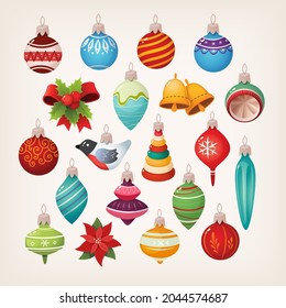 Big collection of vintage Christmas balls bells icicles and floral decorations and ornaments for Christmas tree and home. Isolated vector icons and stickers images.