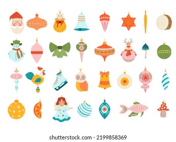 Big collection of vintage Christmas balls bells icicles decorations and ornaments for Christmas tree and home. Isolated vector icons flat illustration.