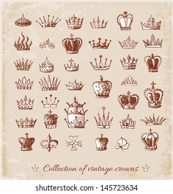 Big collection of vintage crowns. Vector sketchy illustration. 